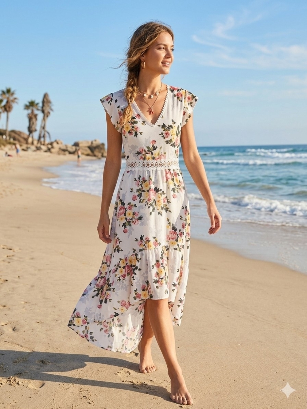 White Floral V-Neck Maxi Dress with Pink & Yellow Blooms